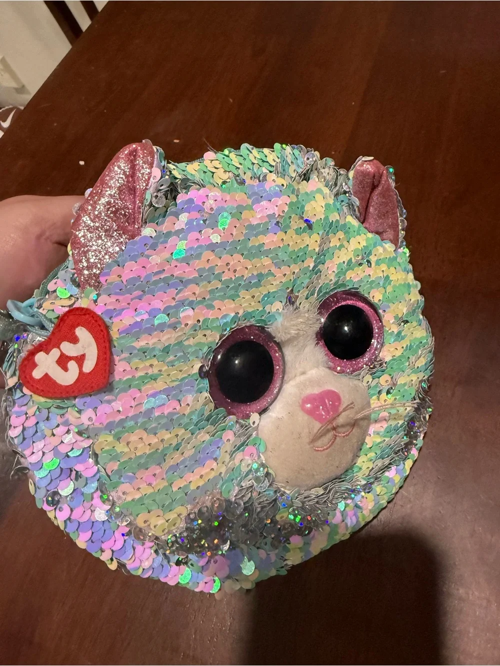 Ty Sequin Cat Coin Purse in Iridescent Aqua and Pink